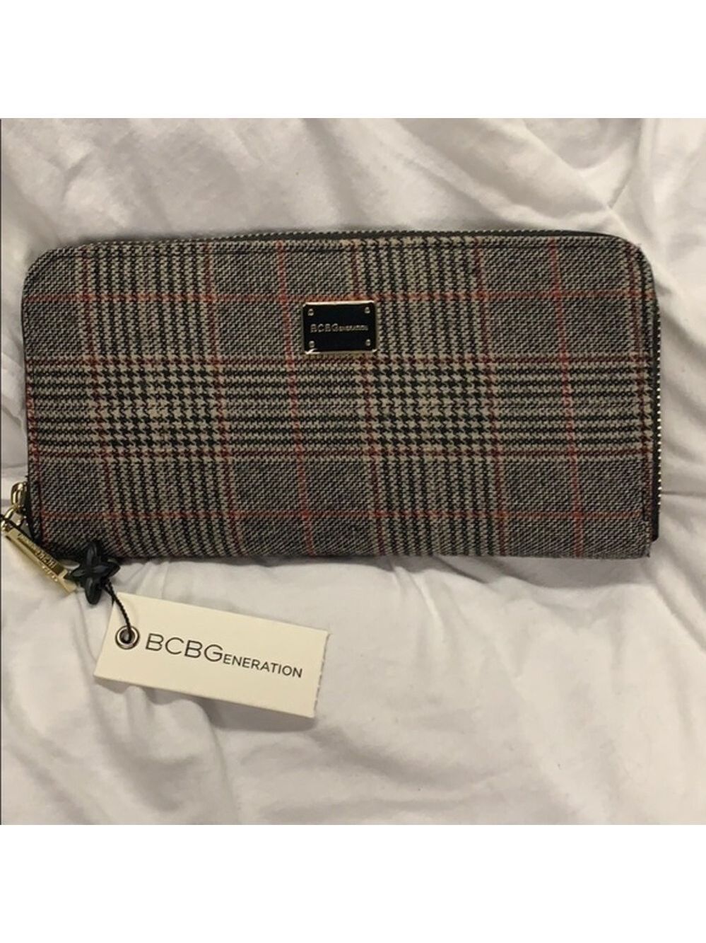 BCBG Plaid Zip Wallet in Gray, Black & Red